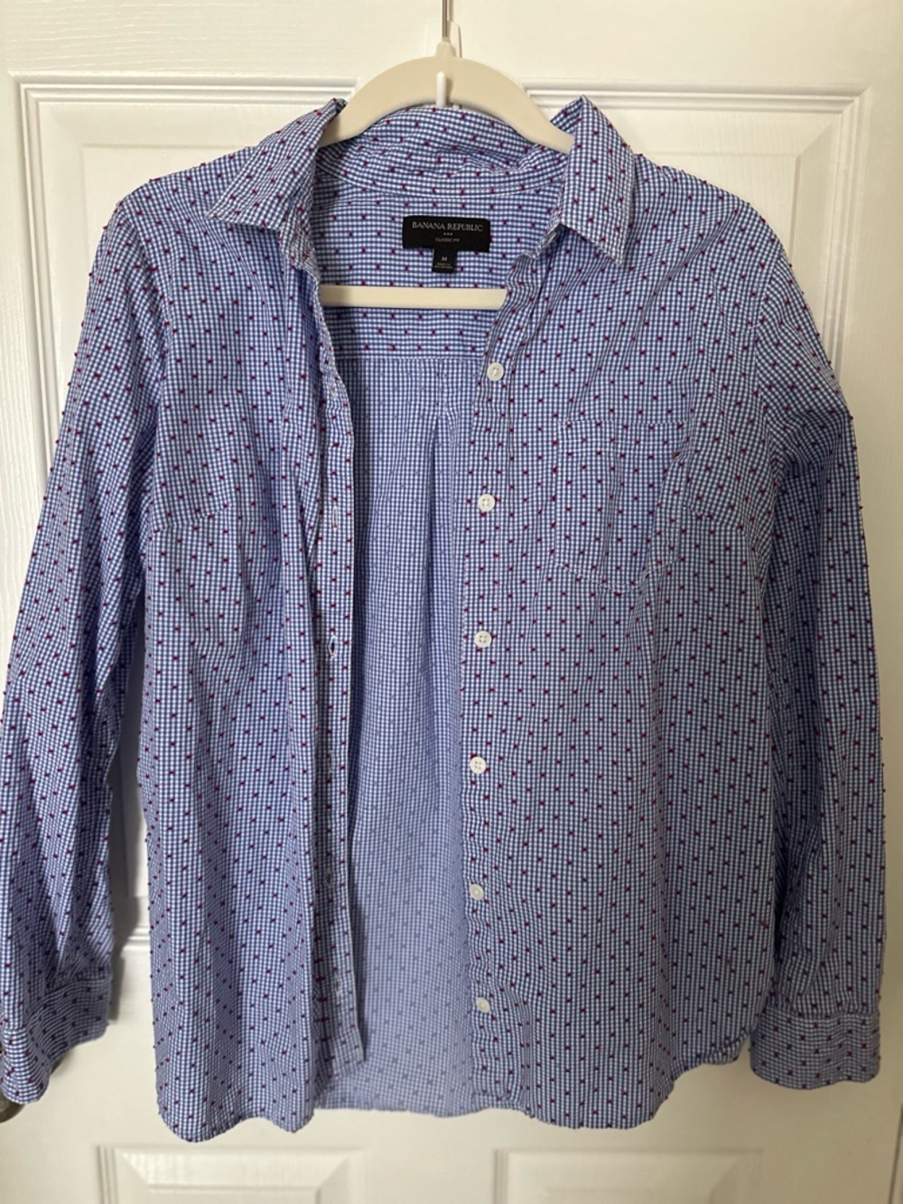 Banana Republic Blue Button-Down Shirt with Subtle Red Dots